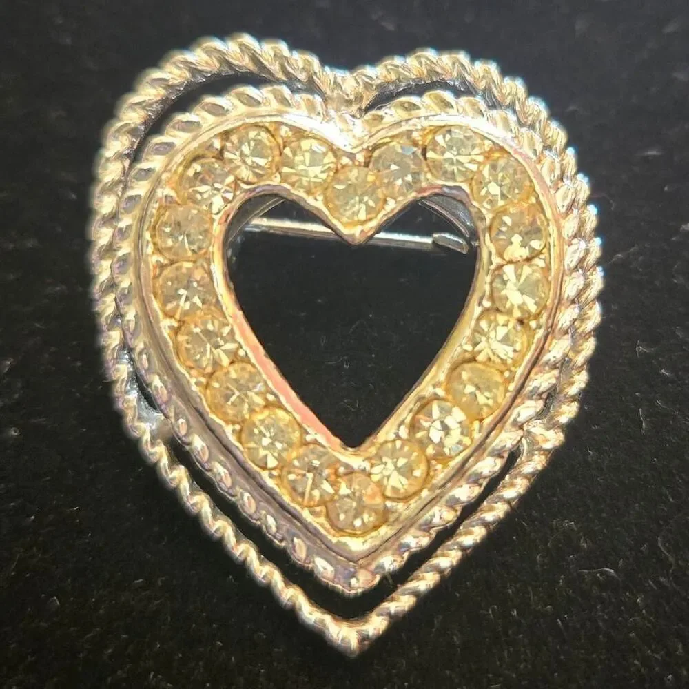 Vintage Heart Brooch Pin Silver Rhinestone